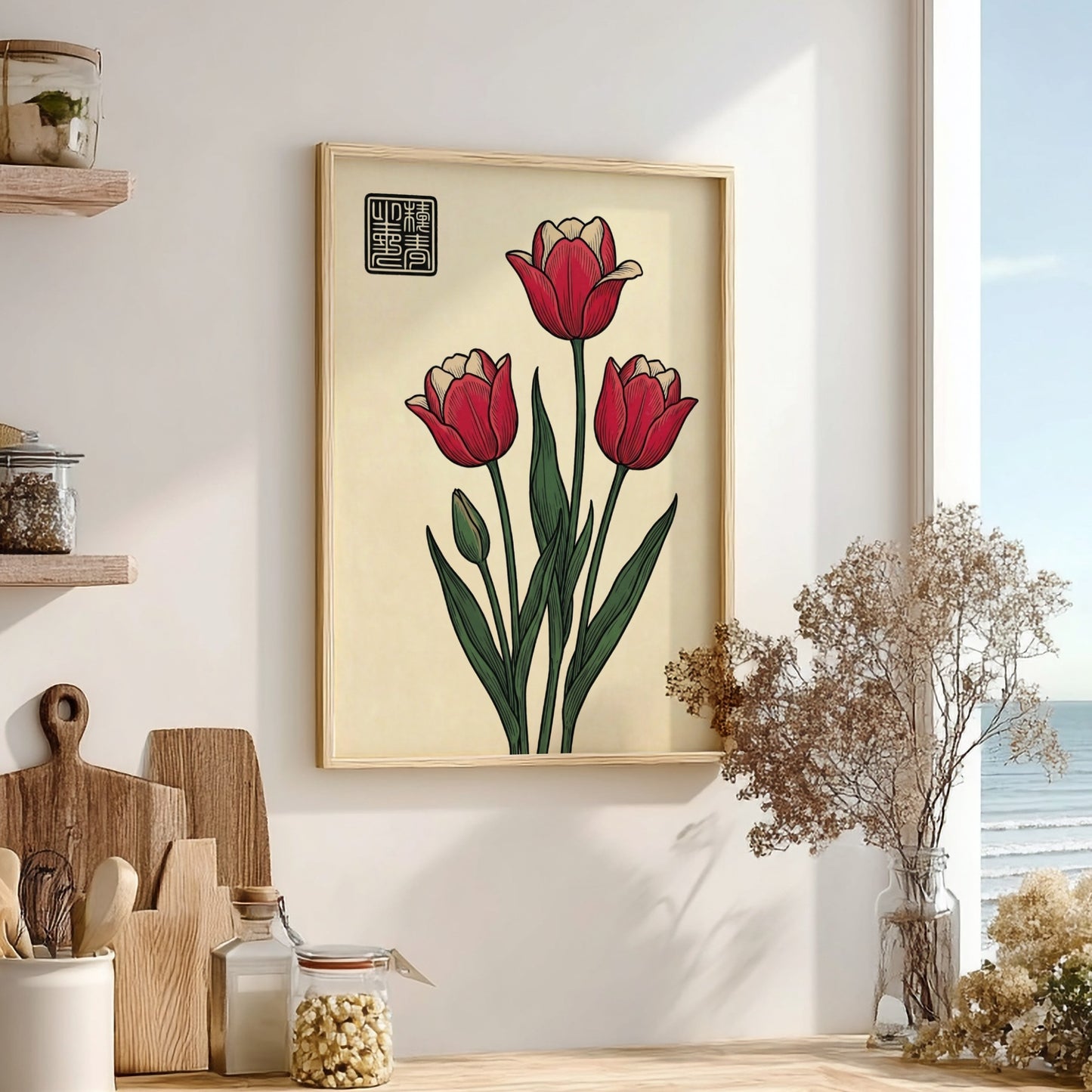 Japanese art style poster featuring red tulips and green leaves