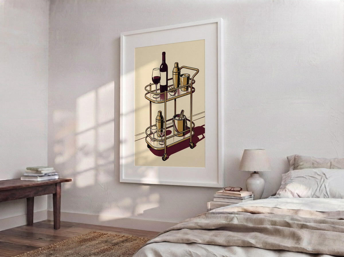 Mid century bar cart illustration poster featuring gold glassware and wine on cream background