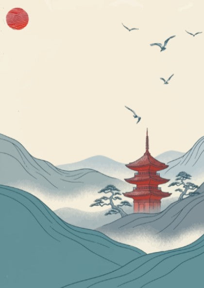 Poster featuring a traditional red pagoda nestled among misty blue hills with birds.