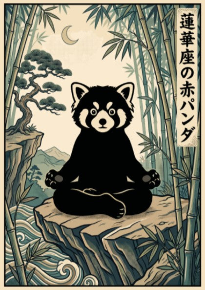 Poster featuring a zen red panda in a meditative lotus pose amidst bamboo
