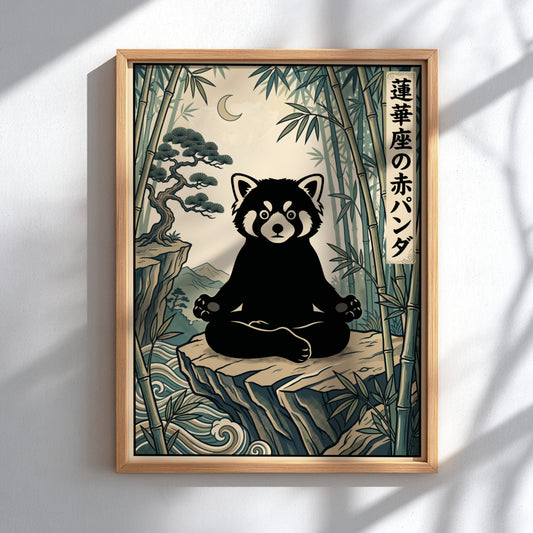 Poster featuring a zen red panda in a meditative lotus pose amidst bamboo