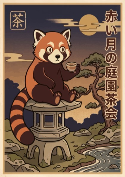 Poster featuring a red panda sitting on a stone lantern holding a teacup