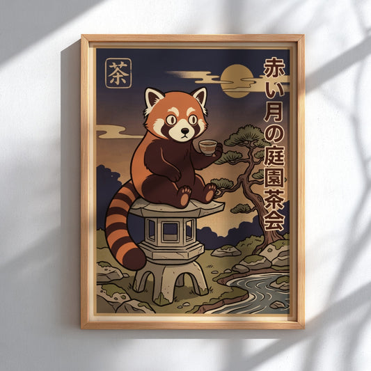 Poster featuring a red panda sitting on a stone lantern holding a teacup