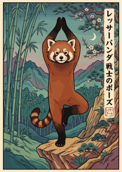 Poster of a red panda performing yoga tree pose in a bamboo forest