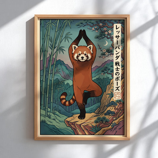 Poster of a red panda performing yoga tree pose in a bamboo forest