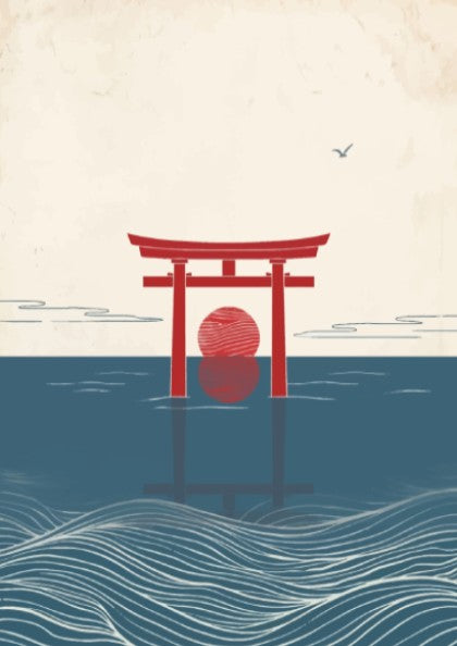 Poster featuring a red torii gate in blue water with a crimson sun