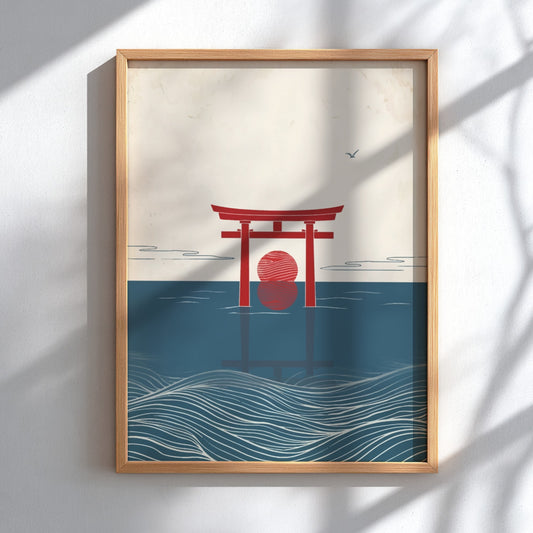 Poster featuring a red torii gate in blue water with a crimson sun