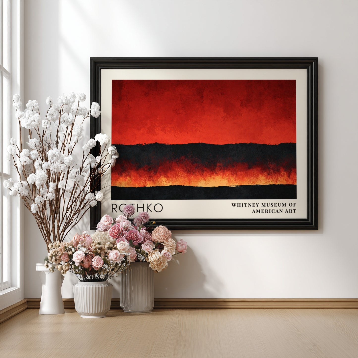 Wall art poster featuring Mark Rothko abstract red and black color field exhibition design.