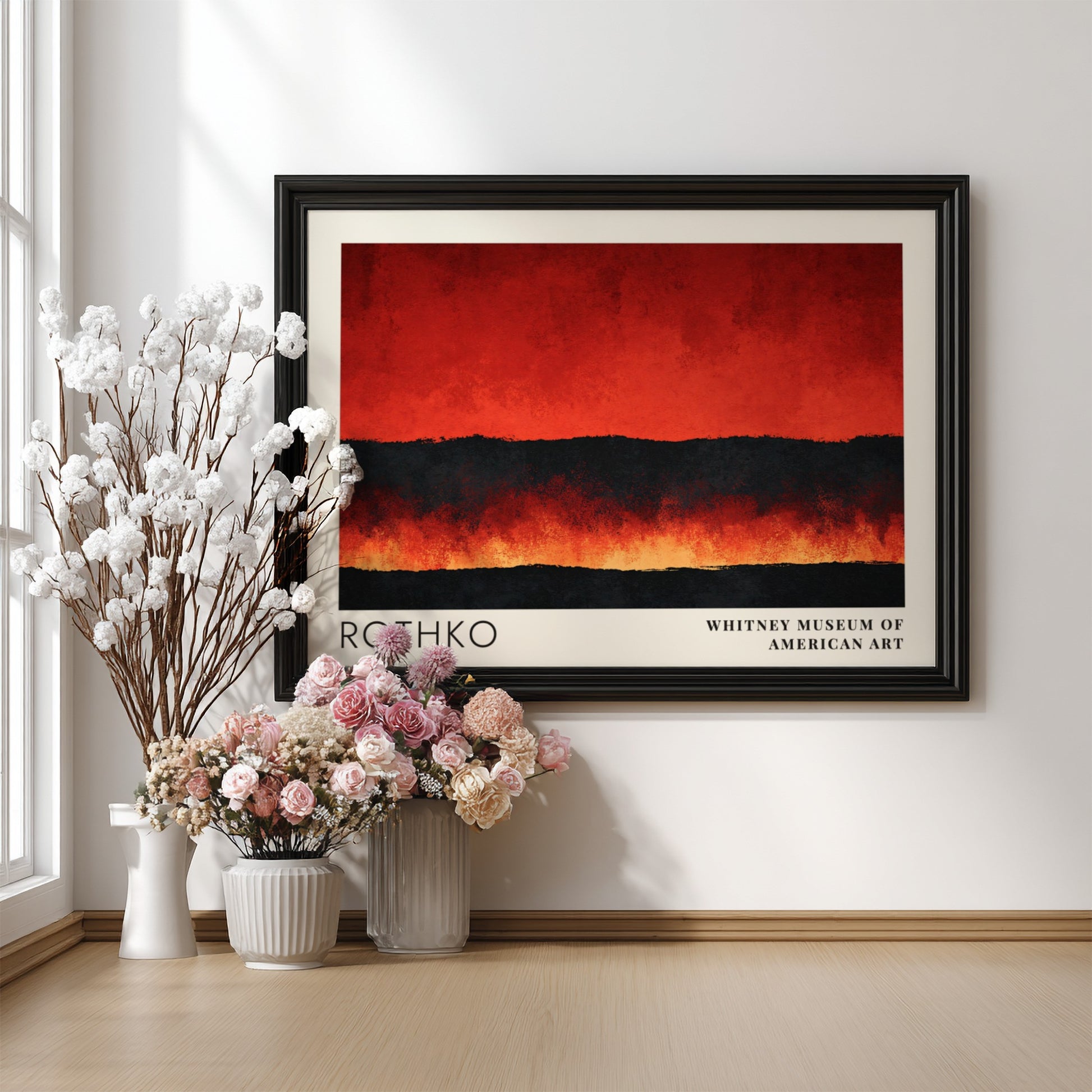 Wall art poster featuring Mark Rothko abstract red and black color field exhibition design.