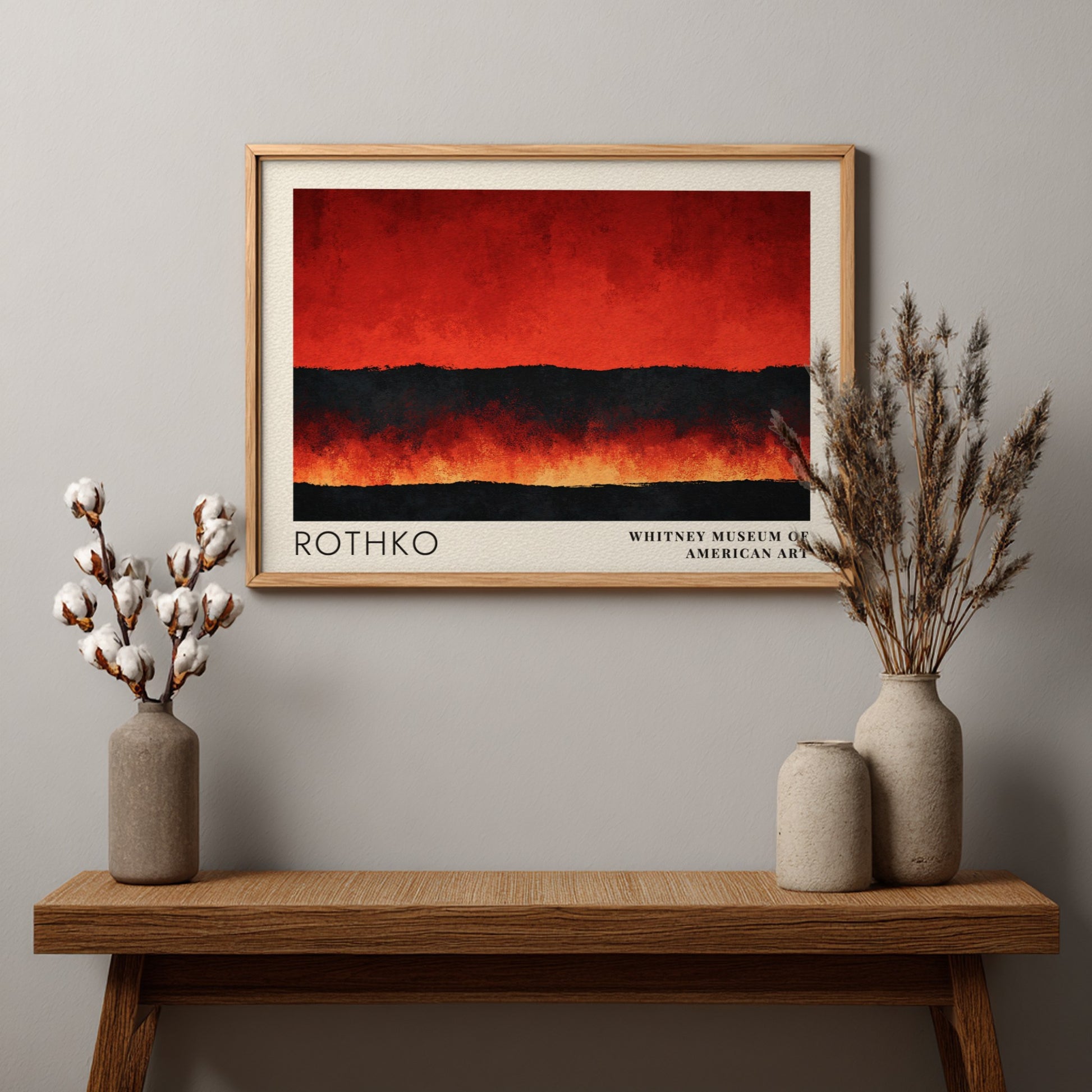 Wall art poster featuring Mark Rothko abstract red and black color field exhibition design.