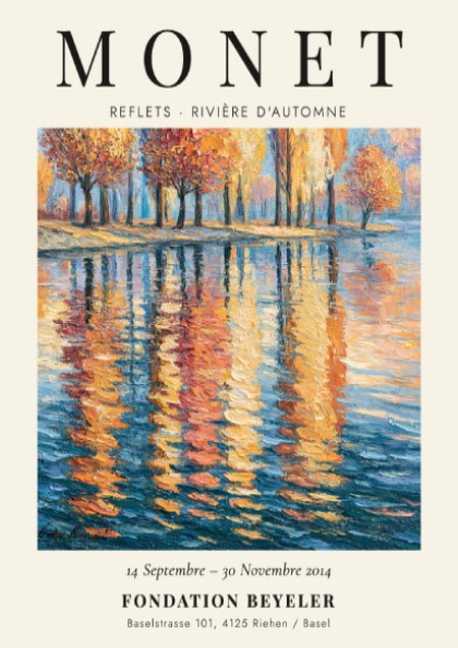 Monet inspired poster featuring autumn river reflections in vibrant colors