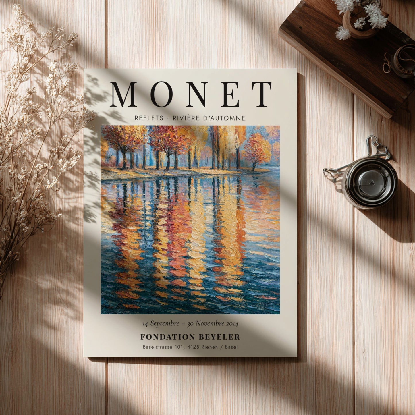 Monet inspired poster featuring autumn river reflections in vibrant colors