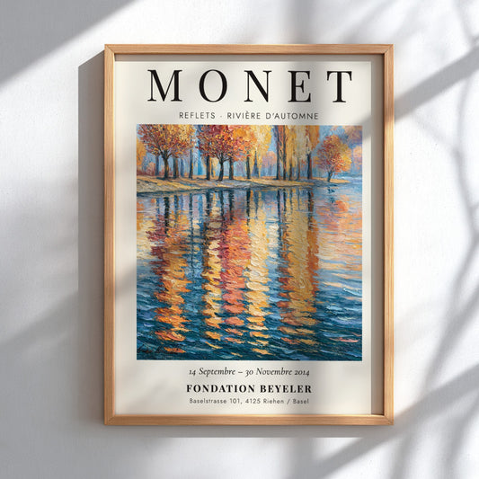 Monet inspired poster featuring autumn river reflections in vibrant colors