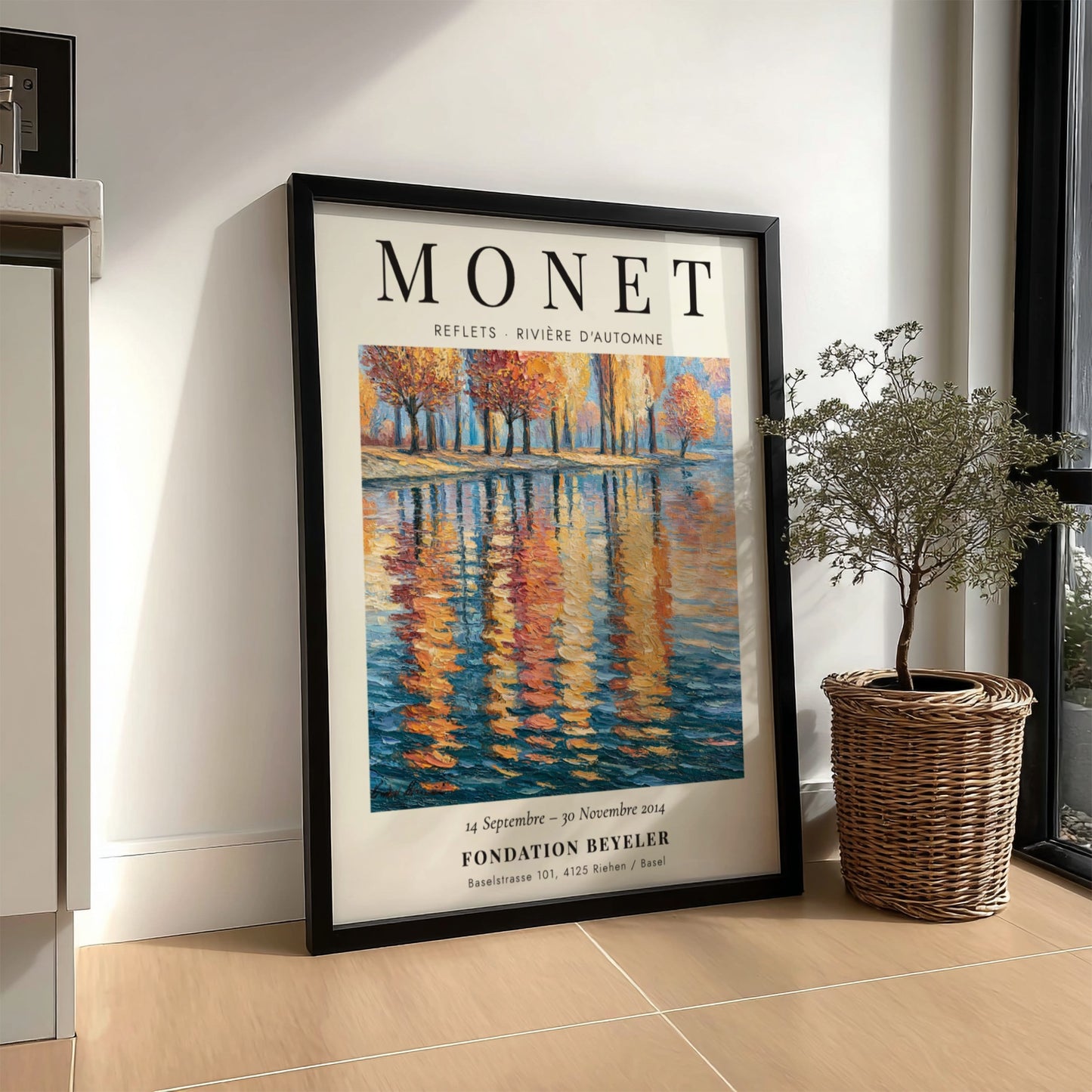 Monet inspired poster featuring autumn river reflections in vibrant colors