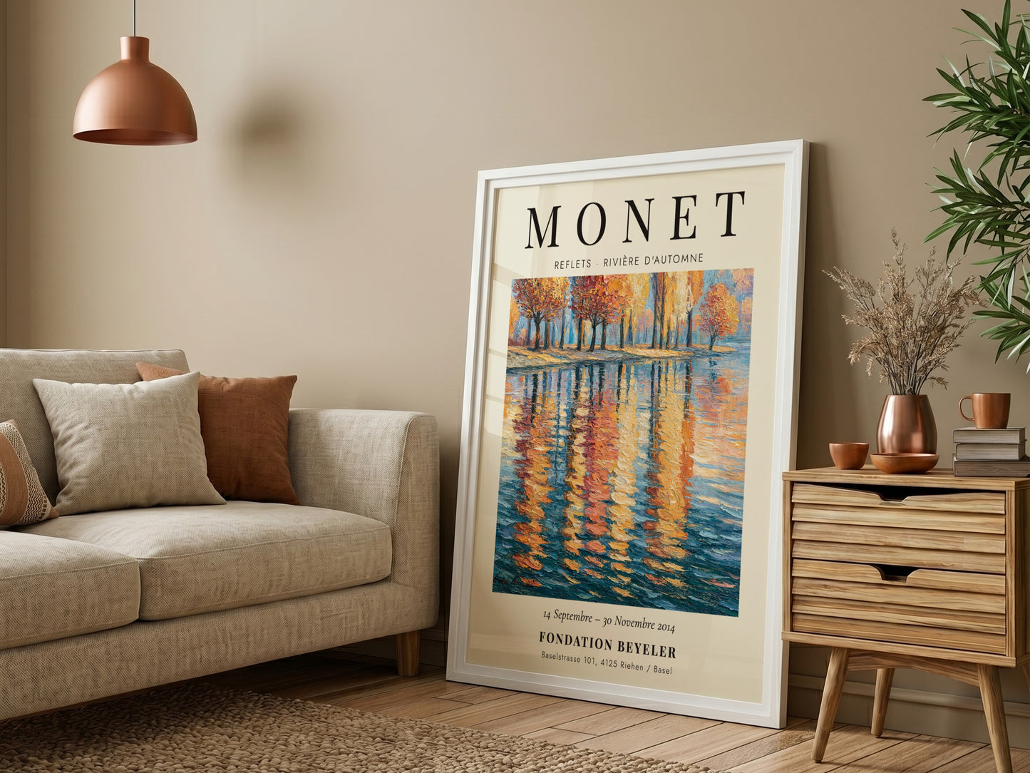 Monet inspired poster featuring autumn river reflections in vibrant colors