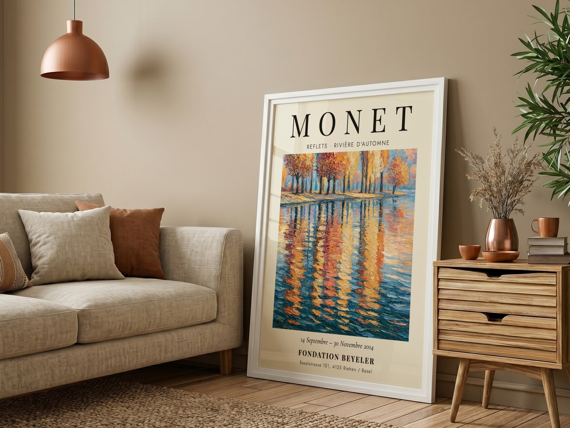 Monet inspired poster featuring autumn river reflections in vibrant colors