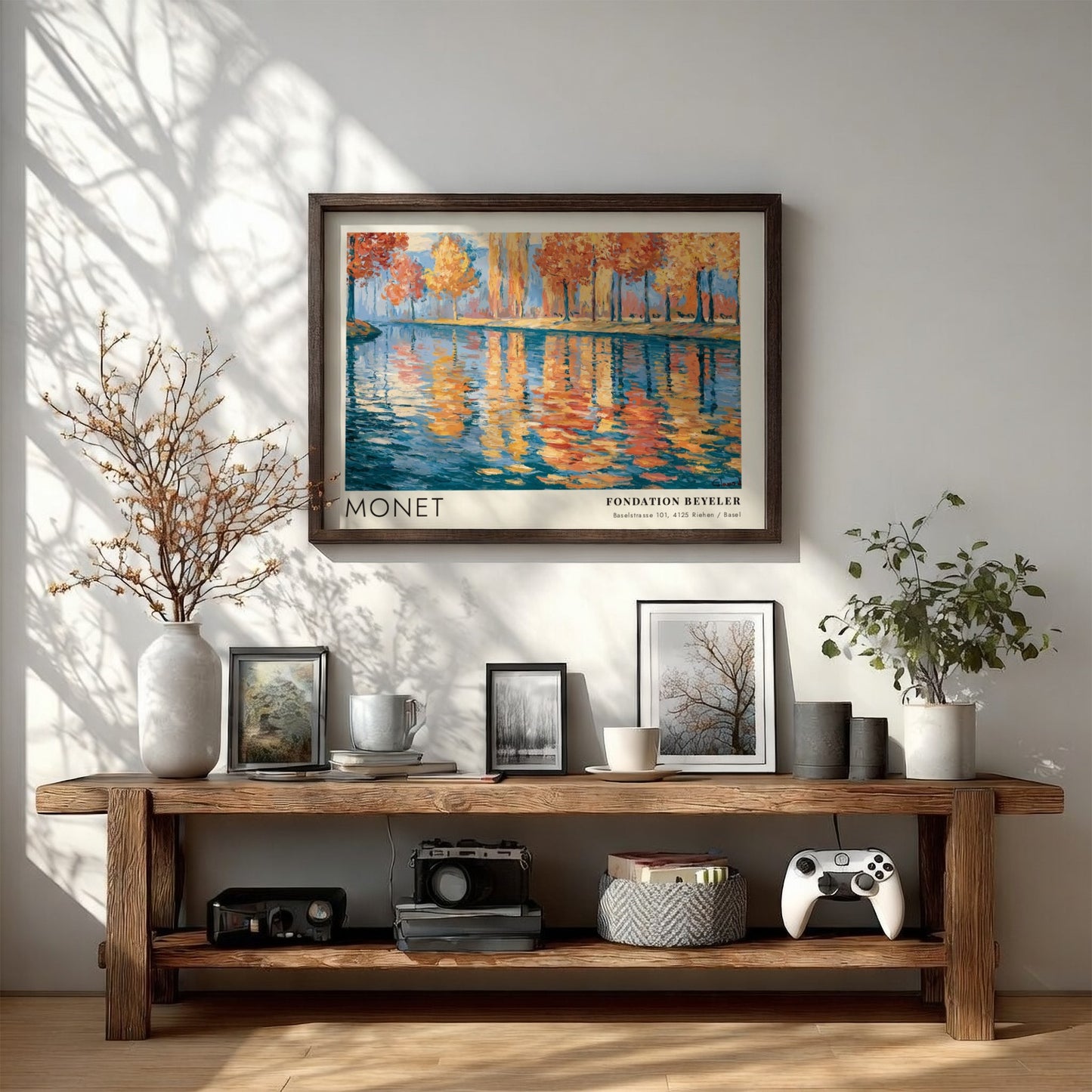 Wall art print of Monet's 'Reflets - Rivière d'Automne' featuring autumn colors and serene water reflections