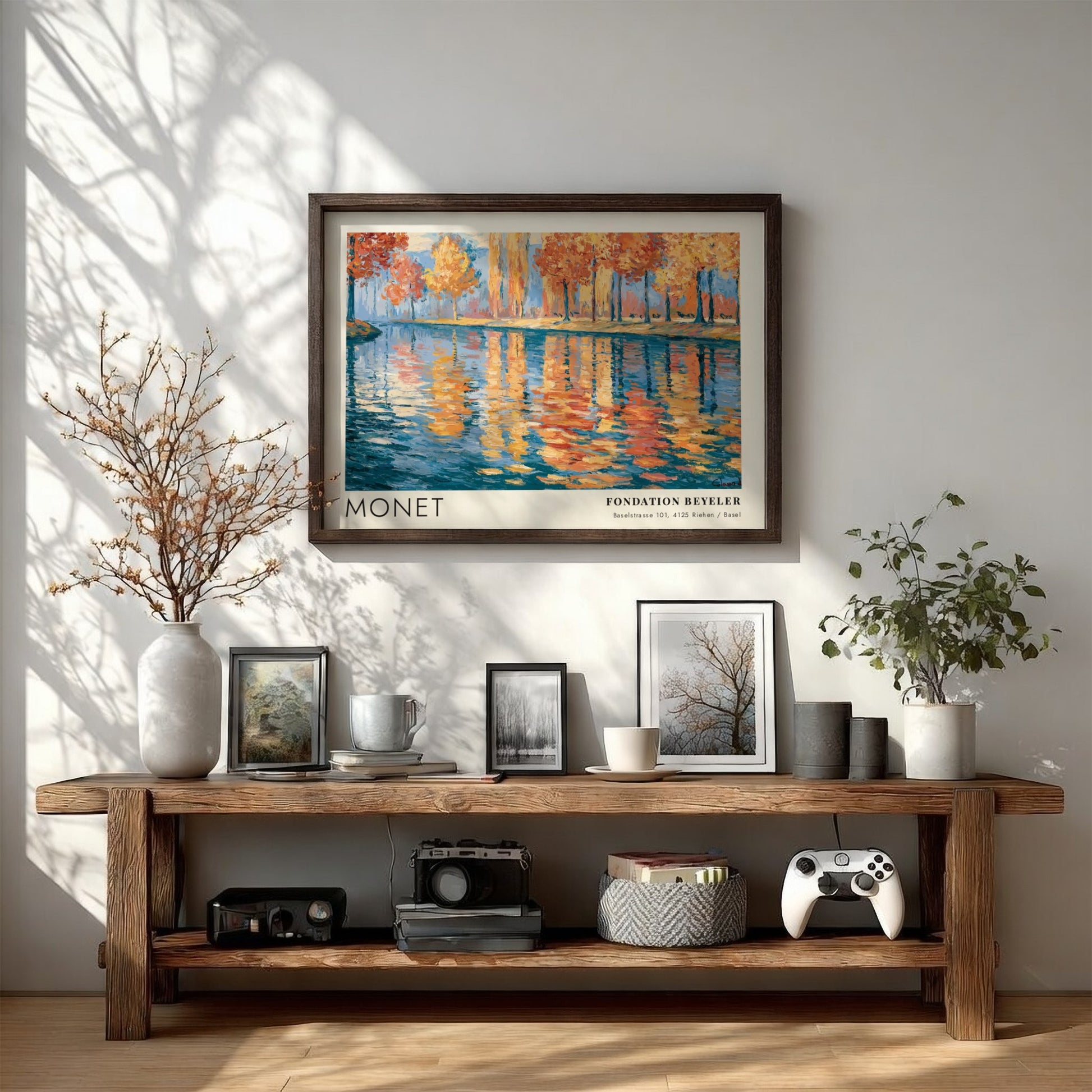 Wall art print of Monet's 'Reflets - Rivière d'Automne' featuring autumn colors and serene water reflections
