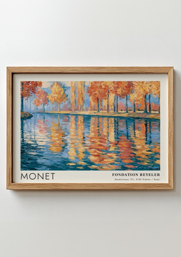 Wall art print of Monet's 'Reflets - Rivière d'Automne' featuring autumn colors and serene water reflections