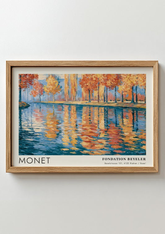 Wall art print of Monet's 'Reflets - Rivière d'Automne' featuring autumn colors and serene water reflections