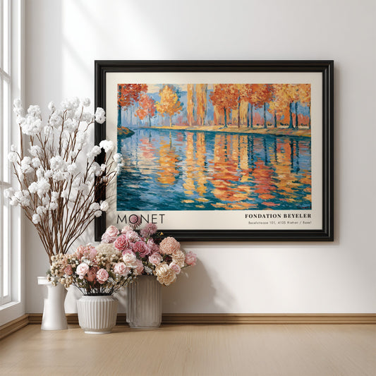 Wall art print of Monet's 'Reflets - Rivière d'Automne' featuring autumn colors and serene water reflections