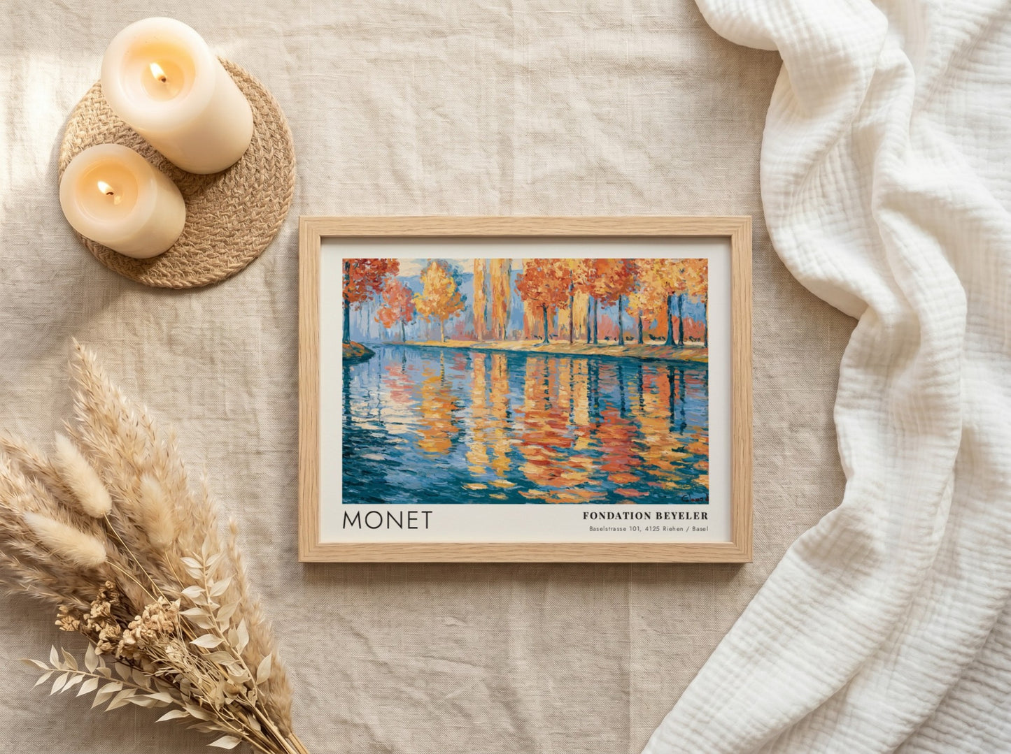 Wall art print of Monet's 'Reflets - Rivière d'Automne' featuring autumn colors and serene water reflections
