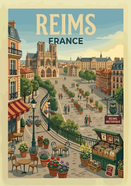 Vintage travel poster of Reims, France, featuring the cathedral and a lively square with flowers and cafes.
