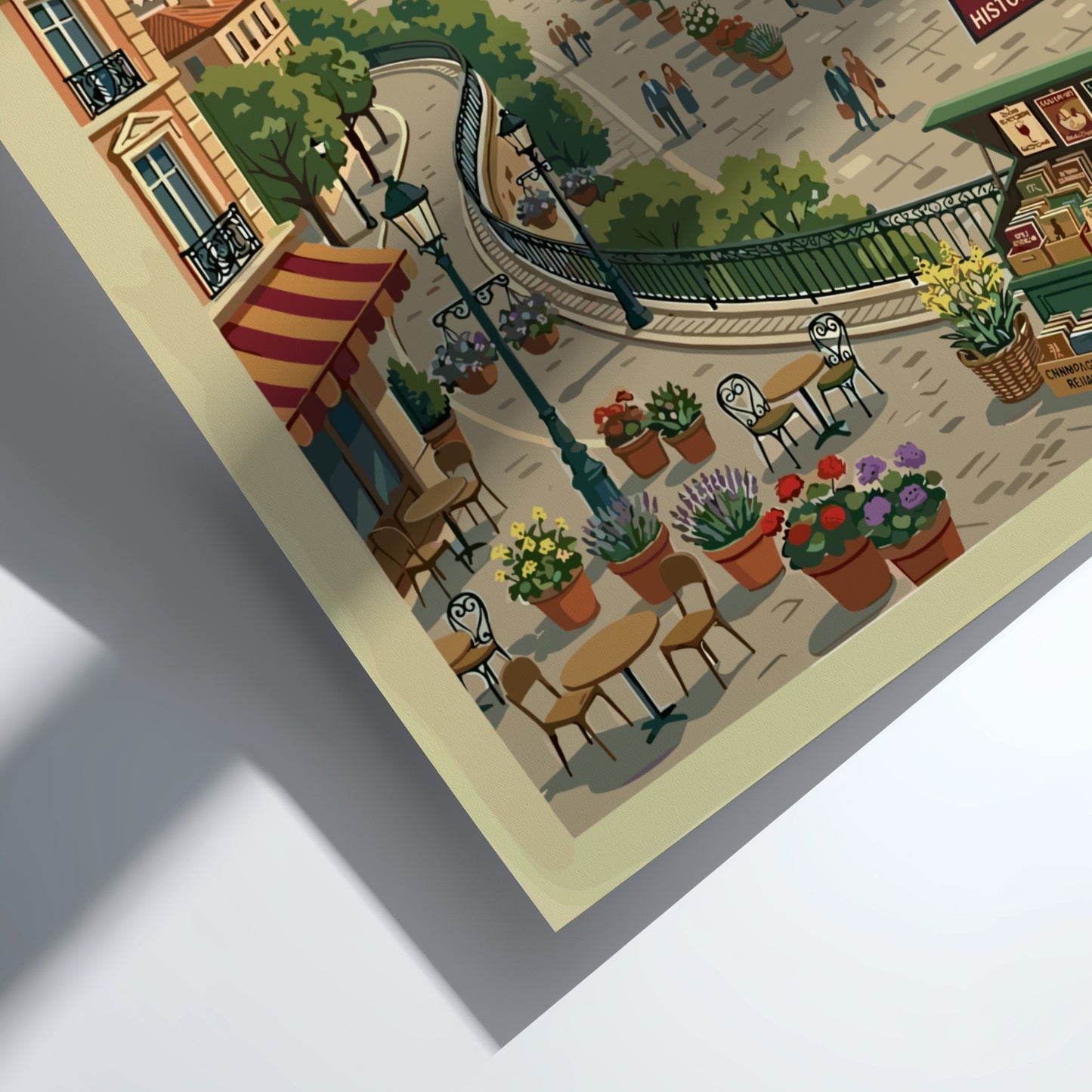 Vintage travel poster of Reims, France, featuring the cathedral and a lively square with flowers and cafes.
