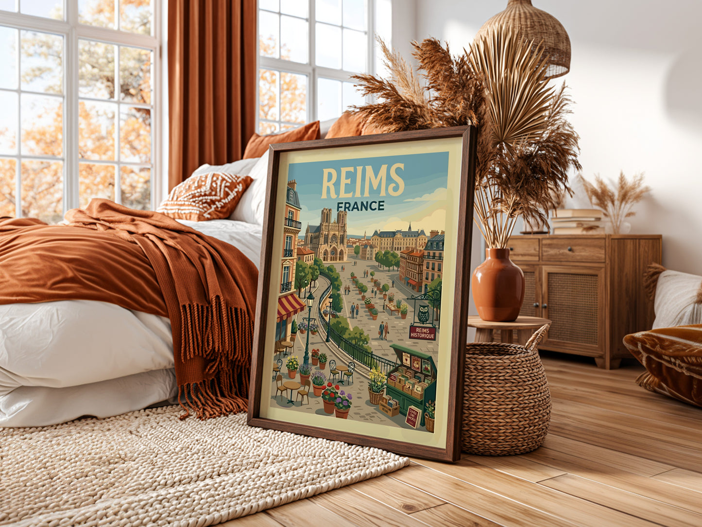 Vintage travel poster of Reims, France, featuring the cathedral and a lively square with flowers and cafes.