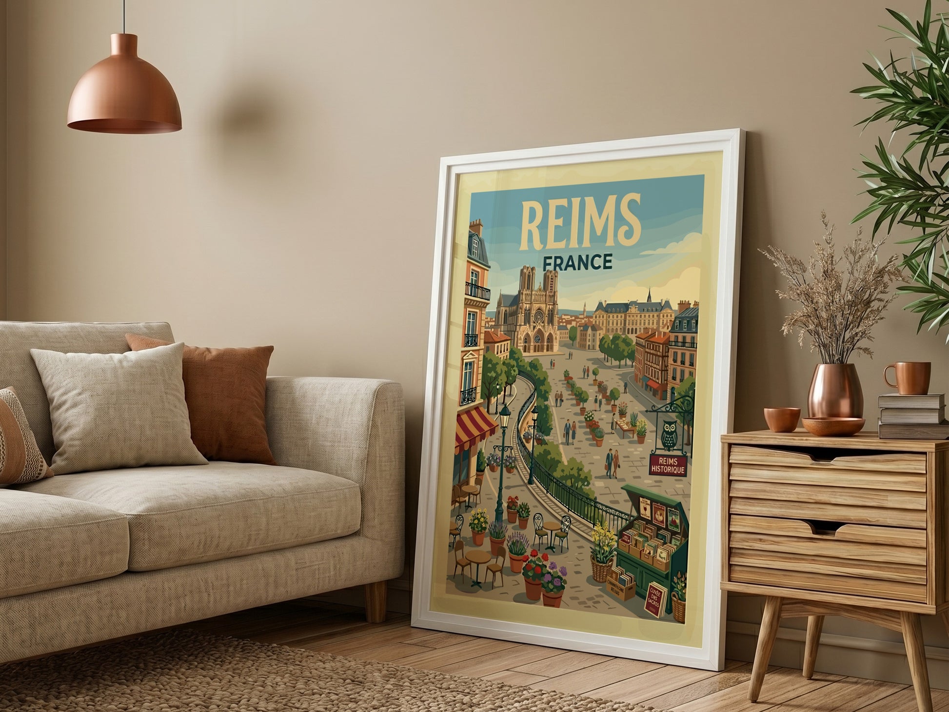 Vintage travel poster of Reims, France, featuring the cathedral and a lively square with flowers and cafes.