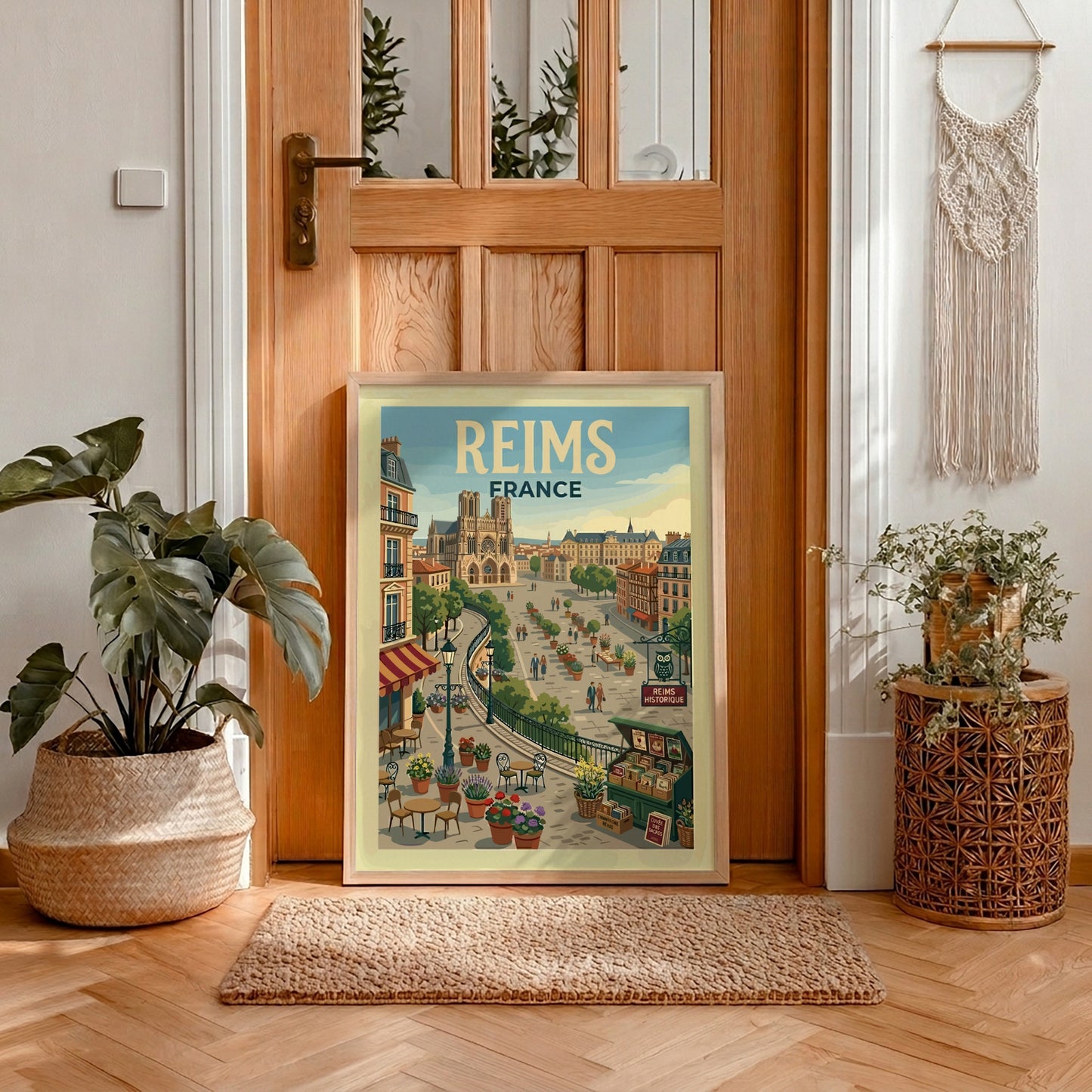 Vintage travel poster of Reims, France, featuring the cathedral and a lively square with flowers and cafes.