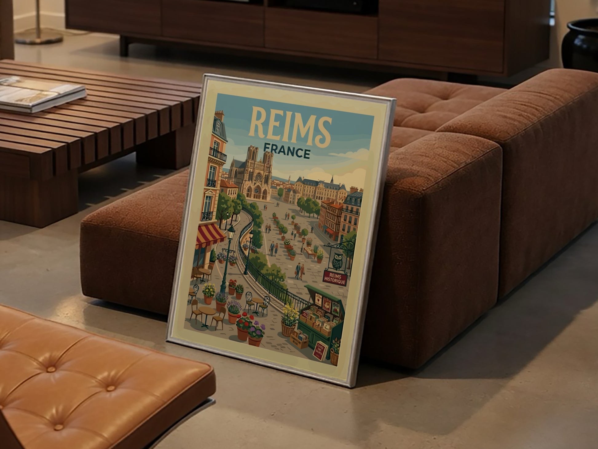 Vintage travel poster of Reims, France, featuring the cathedral and a lively square with flowers and cafes.