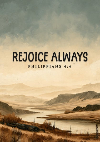 Inspirational poster featuring the saying Rejoice Always with a serene landscape in soft earth tones