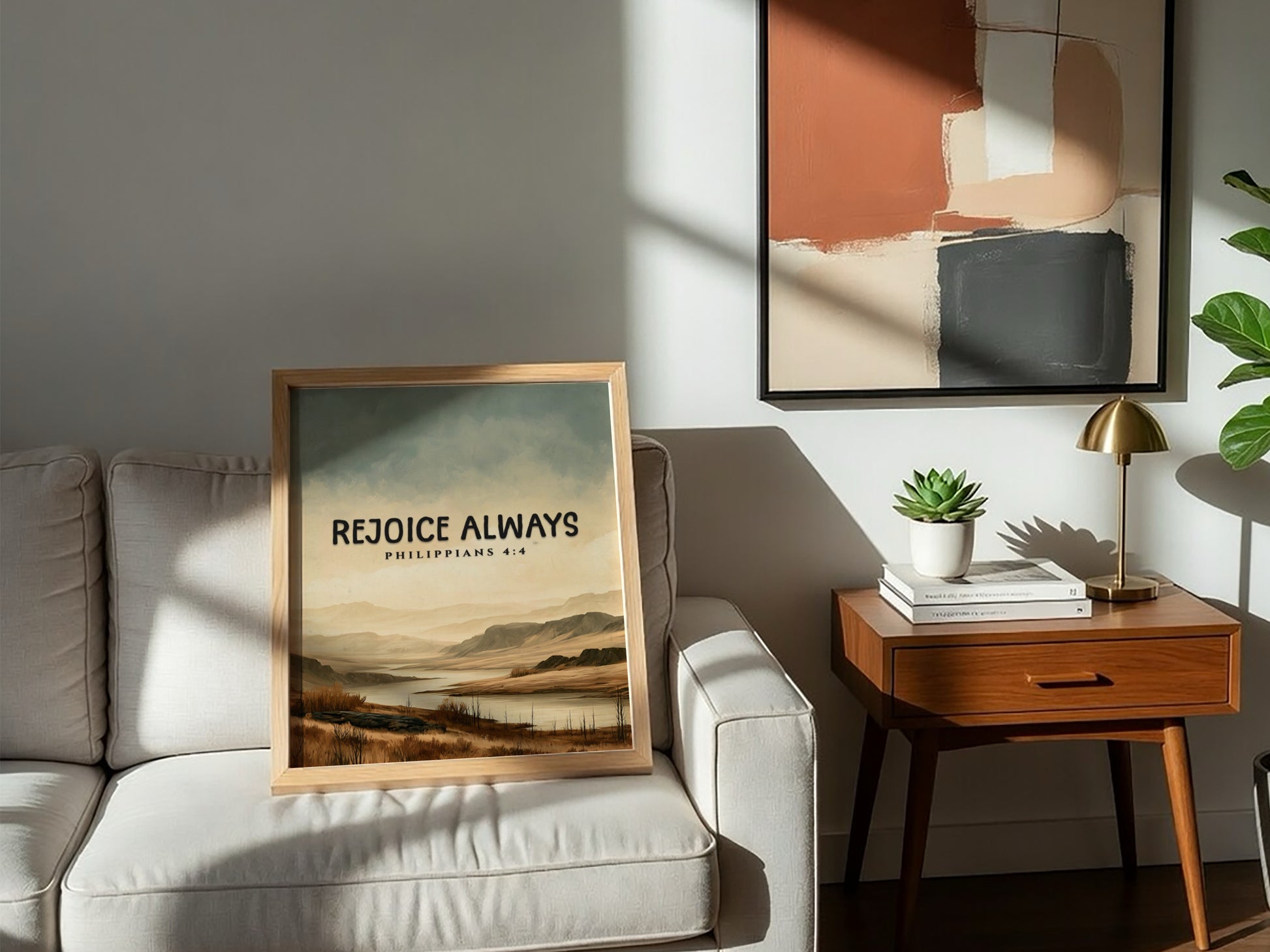 Inspirational poster featuring the saying Rejoice Always with a serene landscape in soft earth tones