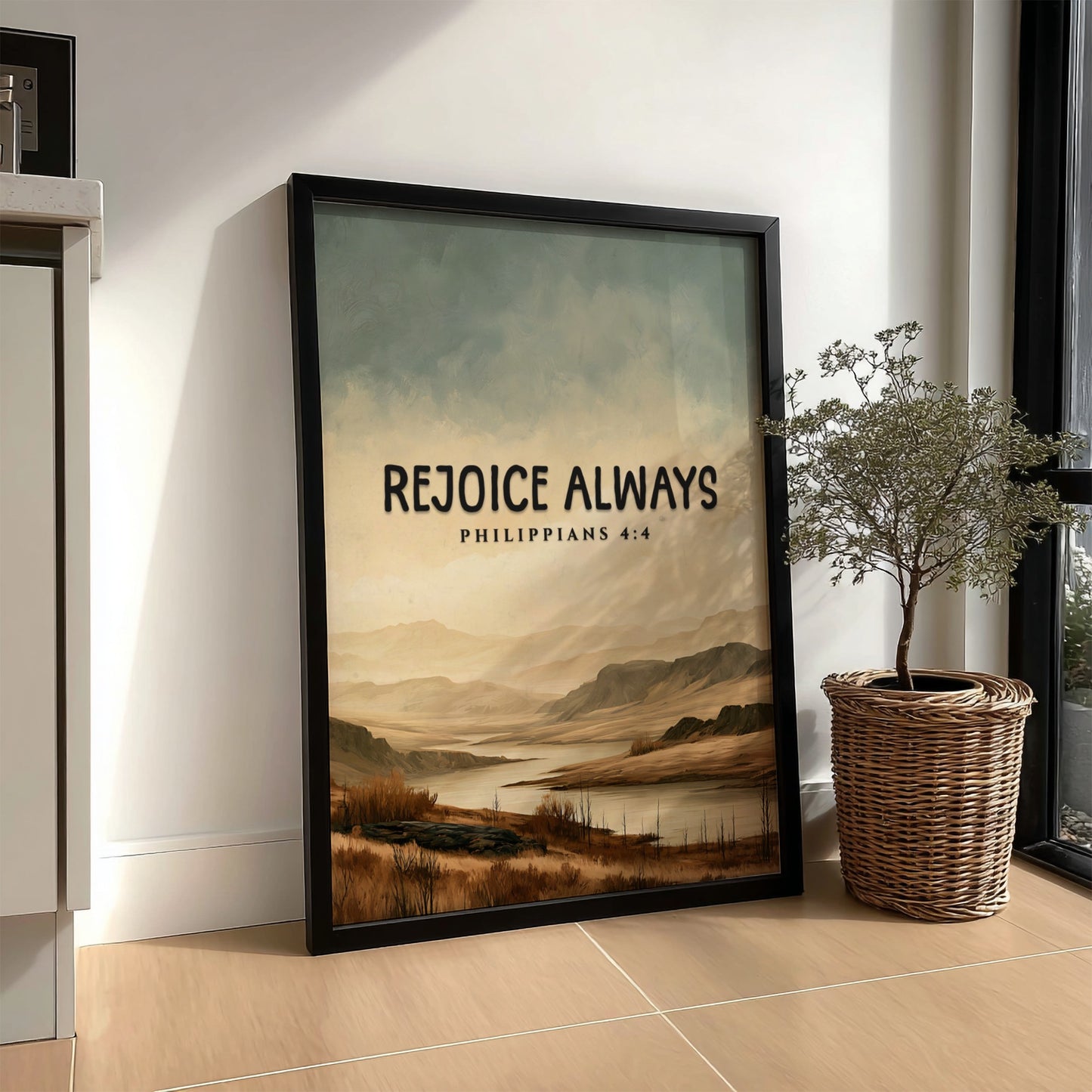Inspirational poster featuring the saying Rejoice Always with a serene landscape in soft earth tones