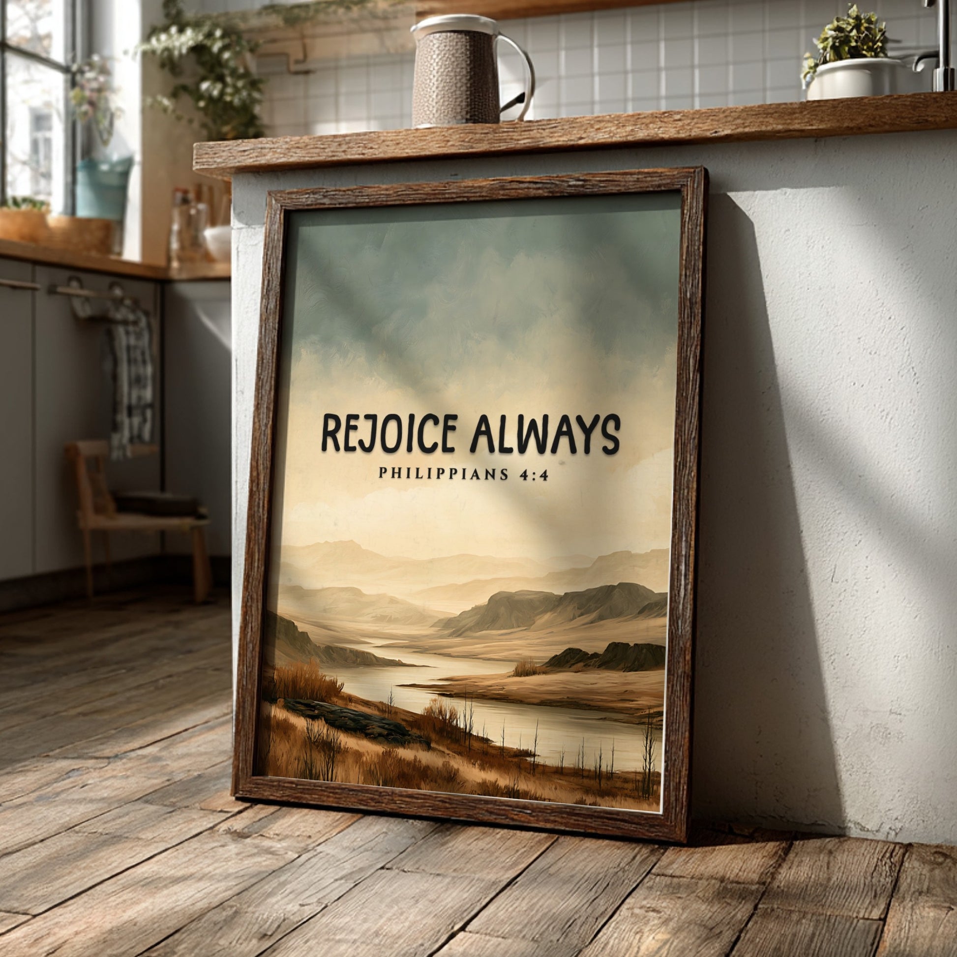 Inspirational poster featuring the saying Rejoice Always with a serene landscape in soft earth tones