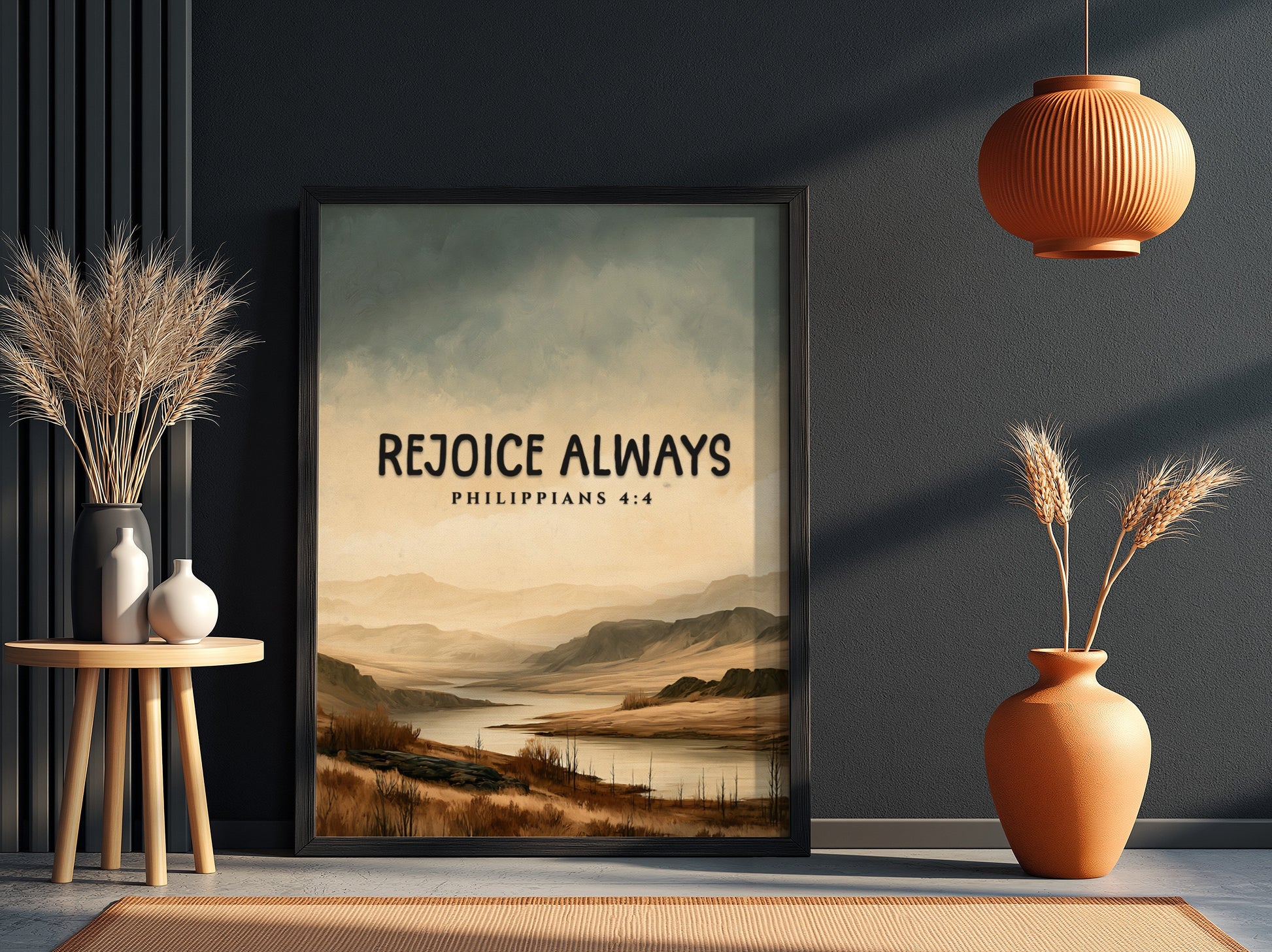 Inspirational poster featuring the saying Rejoice Always with a serene landscape in soft earth tones