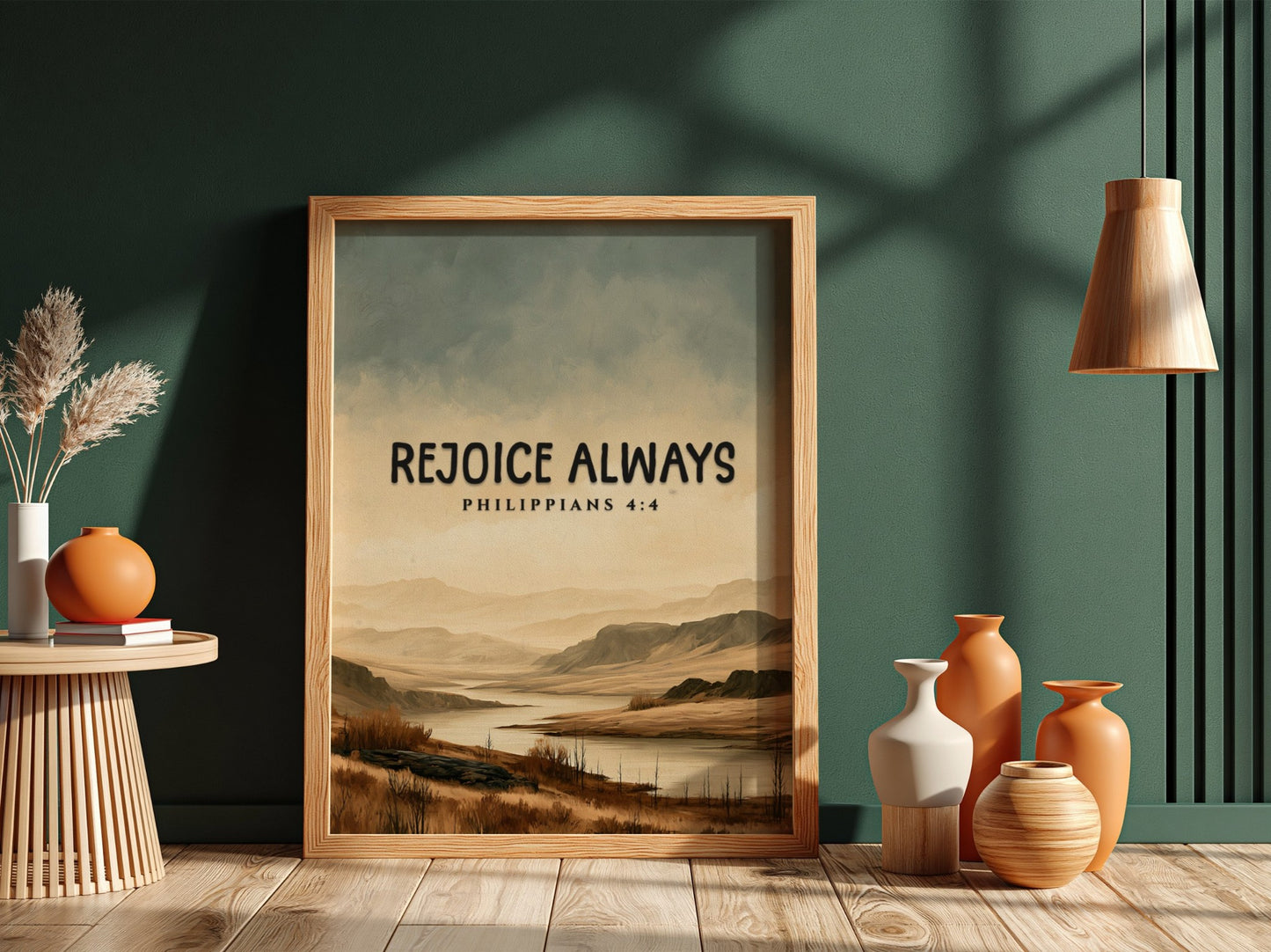 Inspirational poster featuring the saying Rejoice Always with a serene landscape in soft earth tones