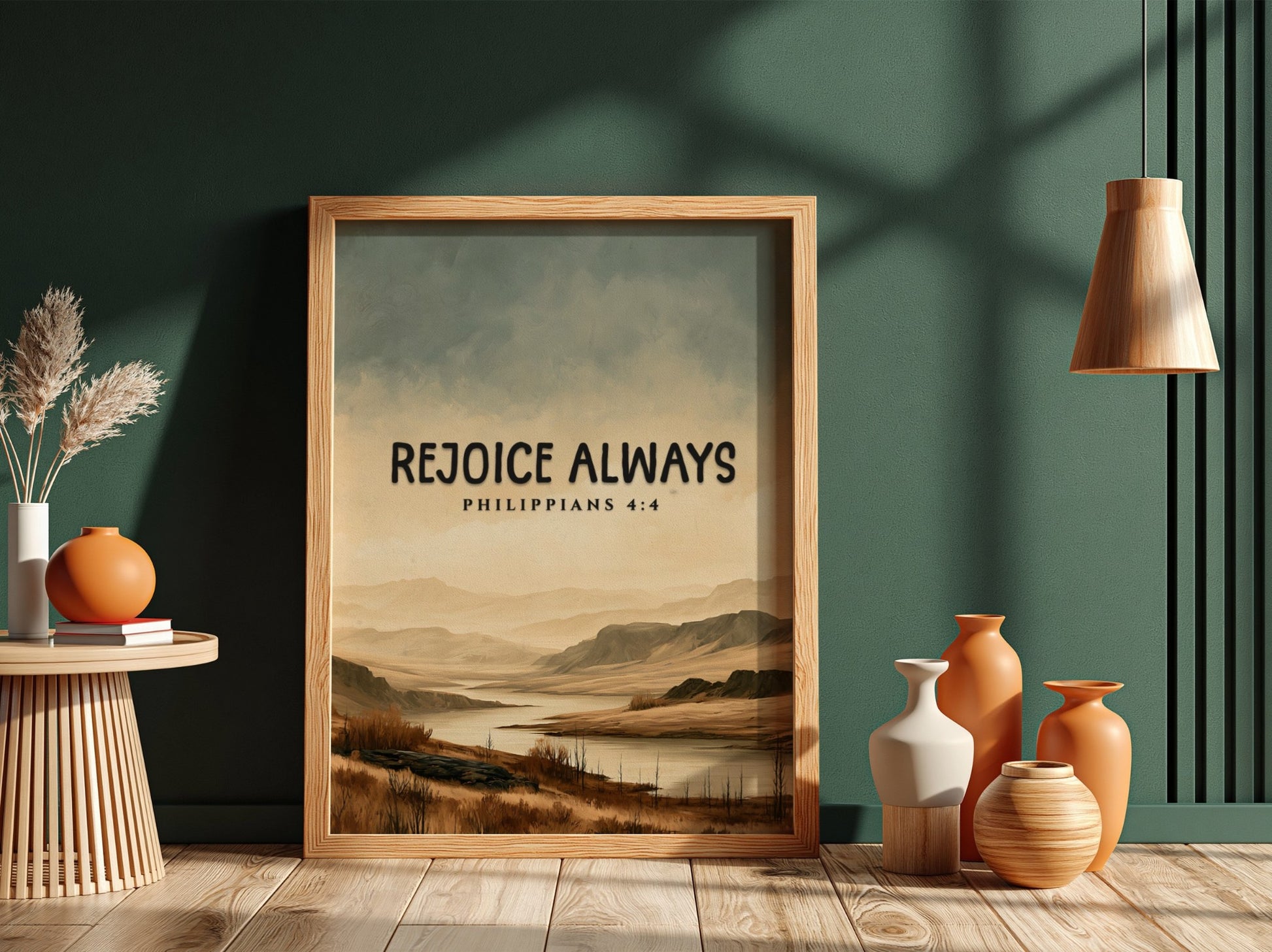 Inspirational poster featuring the saying Rejoice Always with a serene landscape in soft earth tones