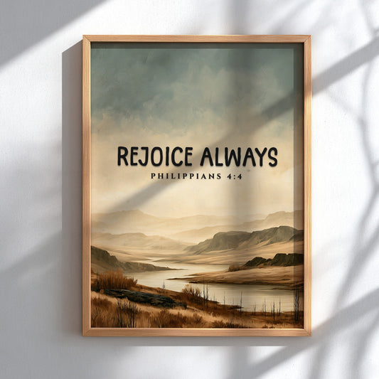 Inspirational poster featuring the saying Rejoice Always with a serene landscape in soft earth tones