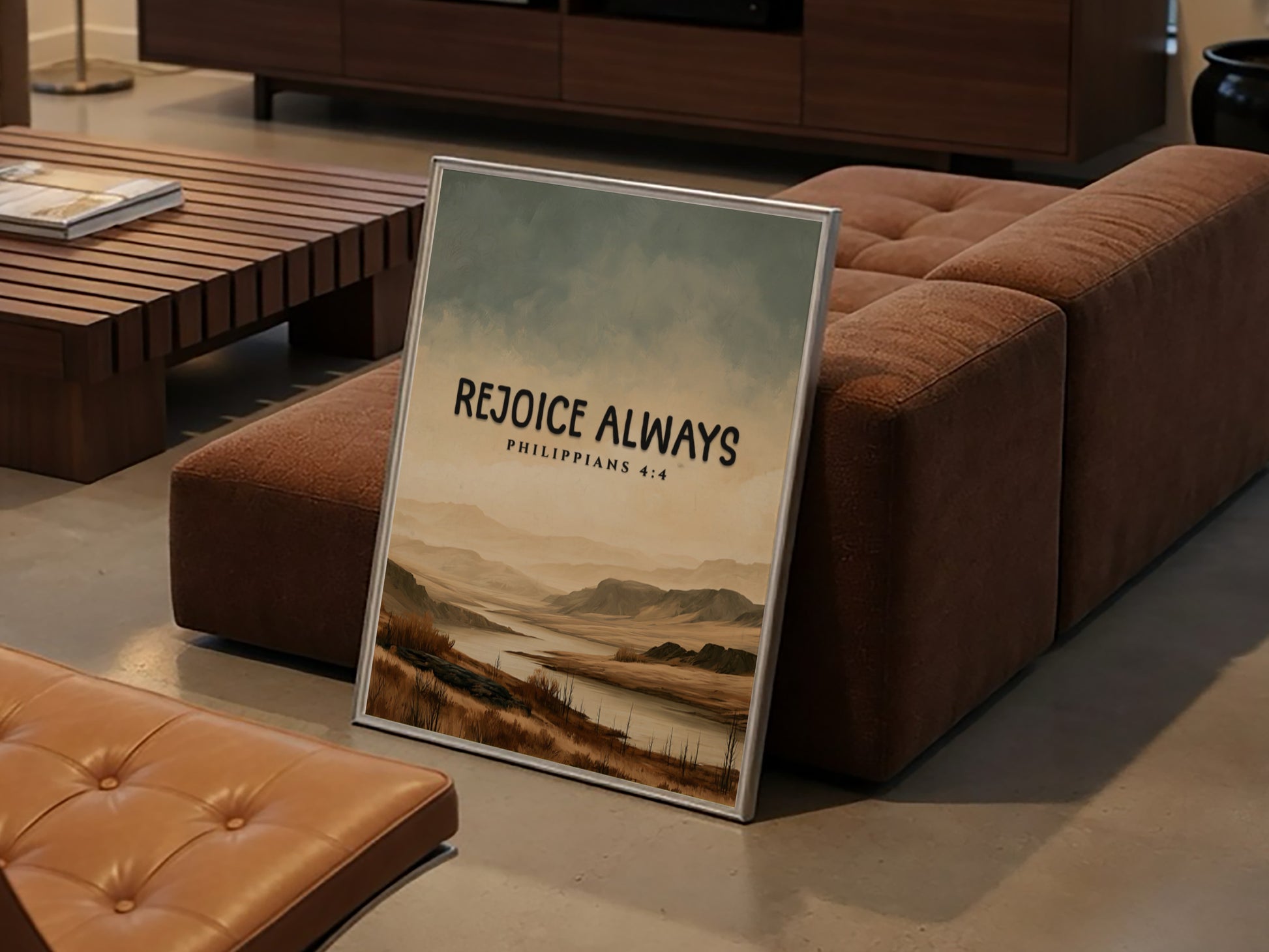 Inspirational poster featuring the saying Rejoice Always with a serene landscape in soft earth tones