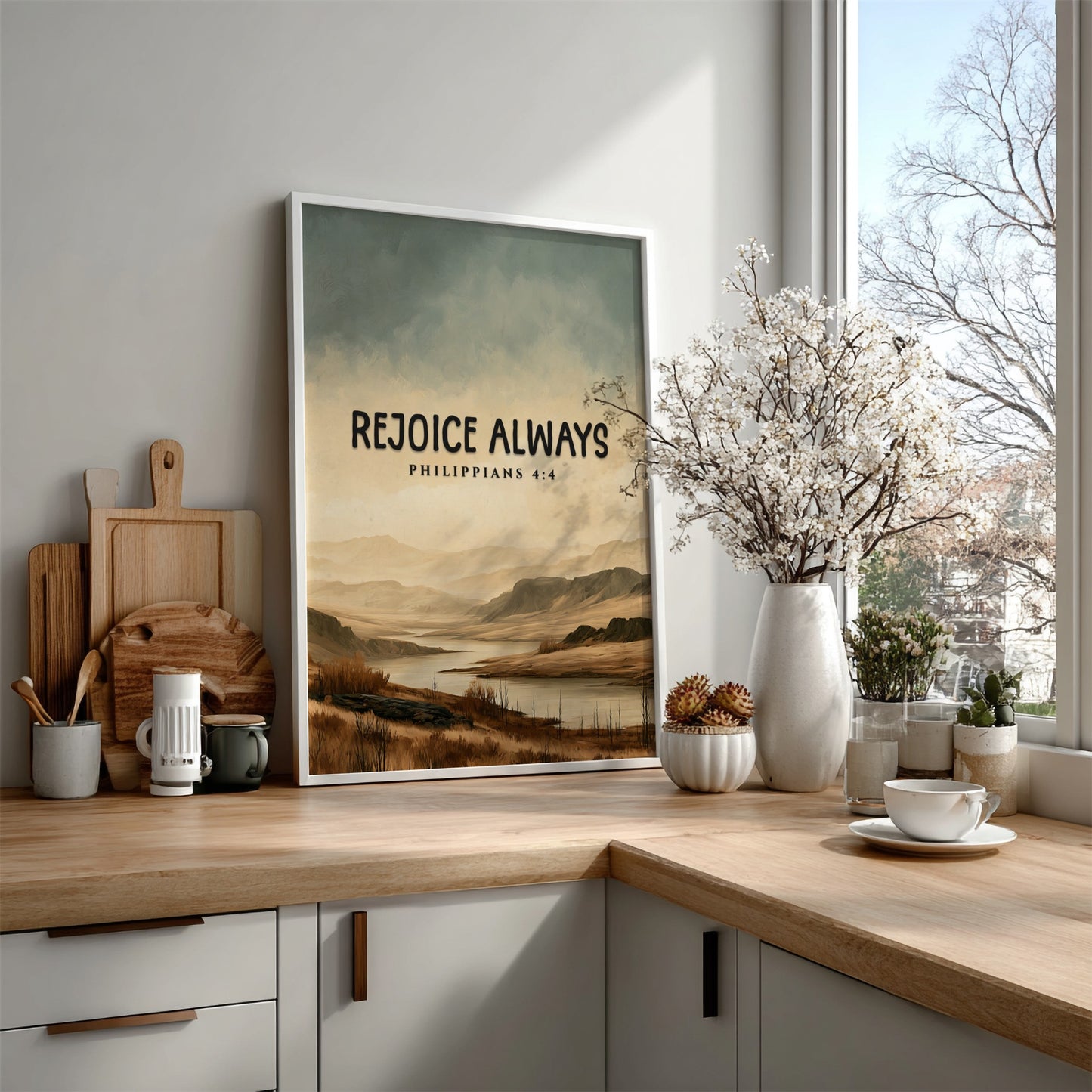 Inspirational poster featuring the saying Rejoice Always with a serene landscape in soft earth tones