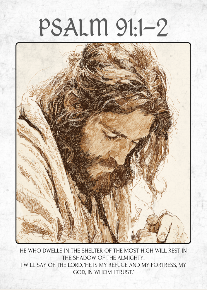 Illustration of a man with Psalm 91:1-2 text on a textured background