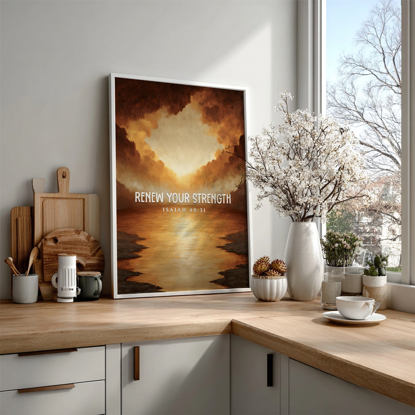 Renew Your Strength poster featuring a sunset with warm colors and inspirational text, perfect for wall decor.