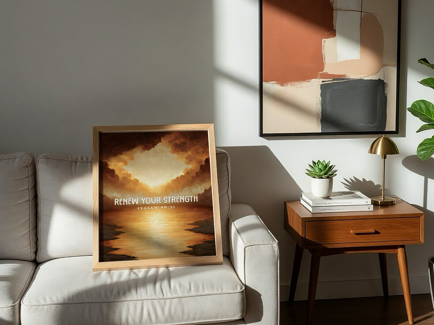 Renew Your Strength poster featuring a sunset with warm colors and inspirational text, perfect for wall decor.