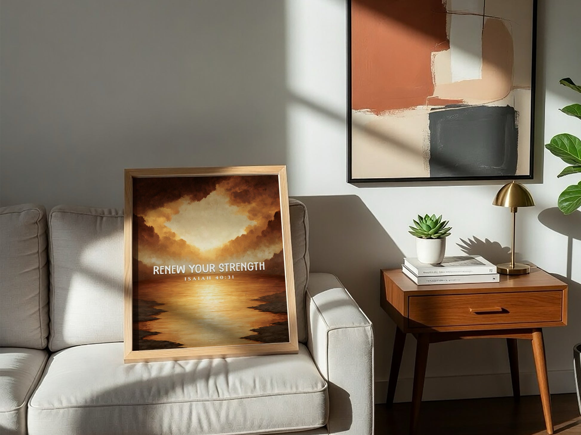 Renew Your Strength poster featuring a sunset with warm colors and inspirational text, perfect for wall decor.