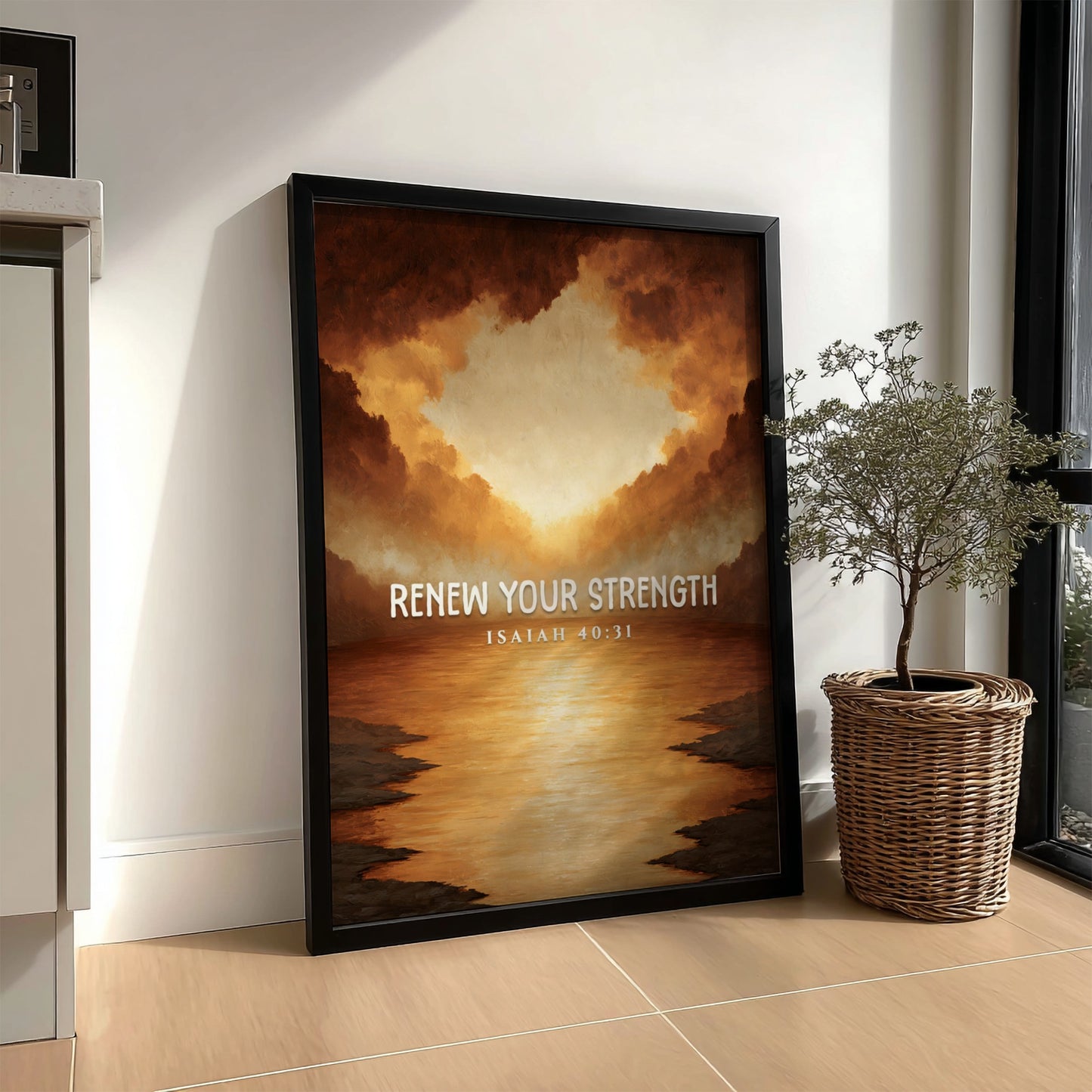 Renew Your Strength poster featuring a sunset with warm colors and inspirational text, perfect for wall decor.
