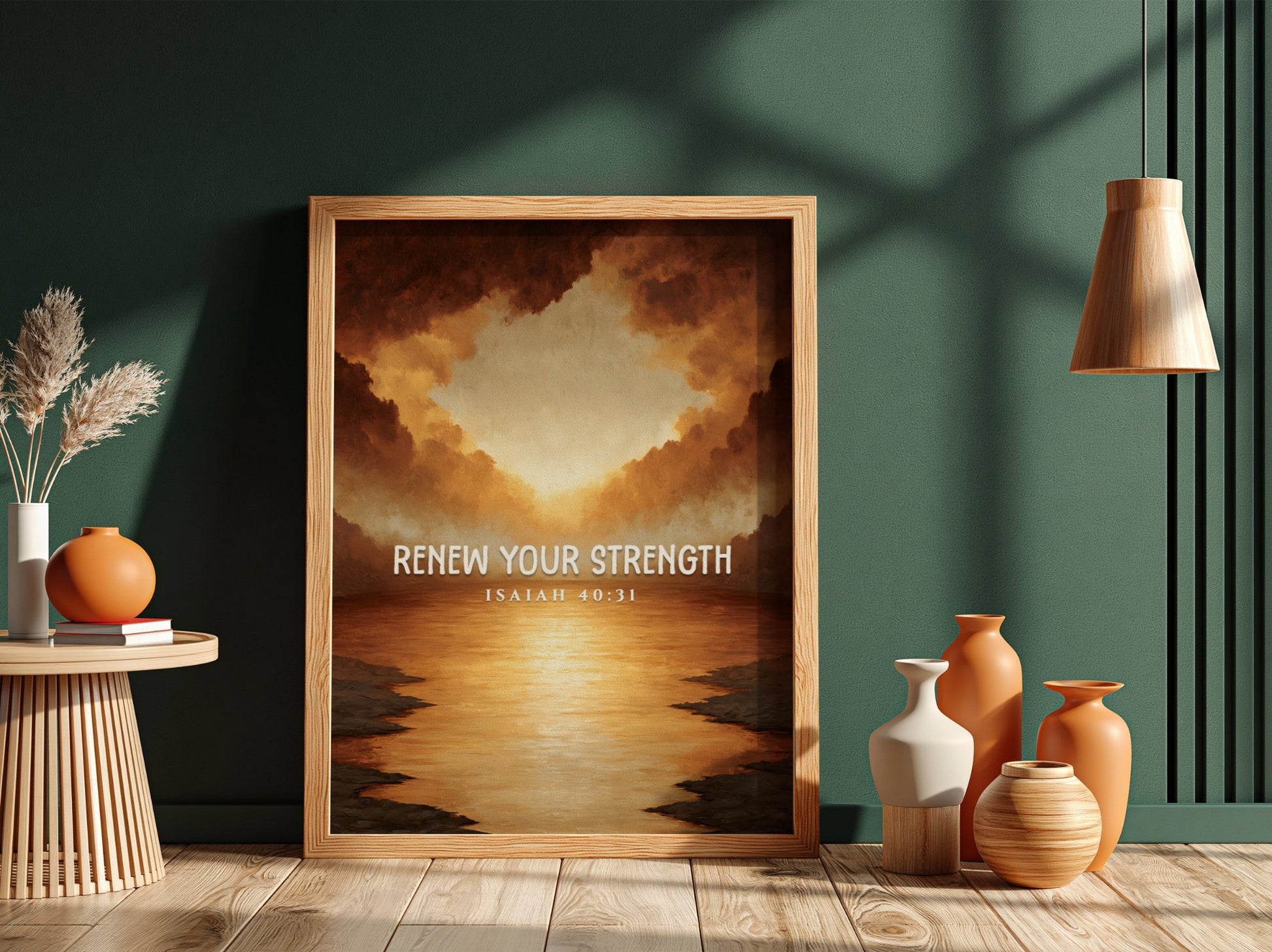 Renew Your Strength poster featuring a sunset with warm colors and inspirational text, perfect for wall decor.