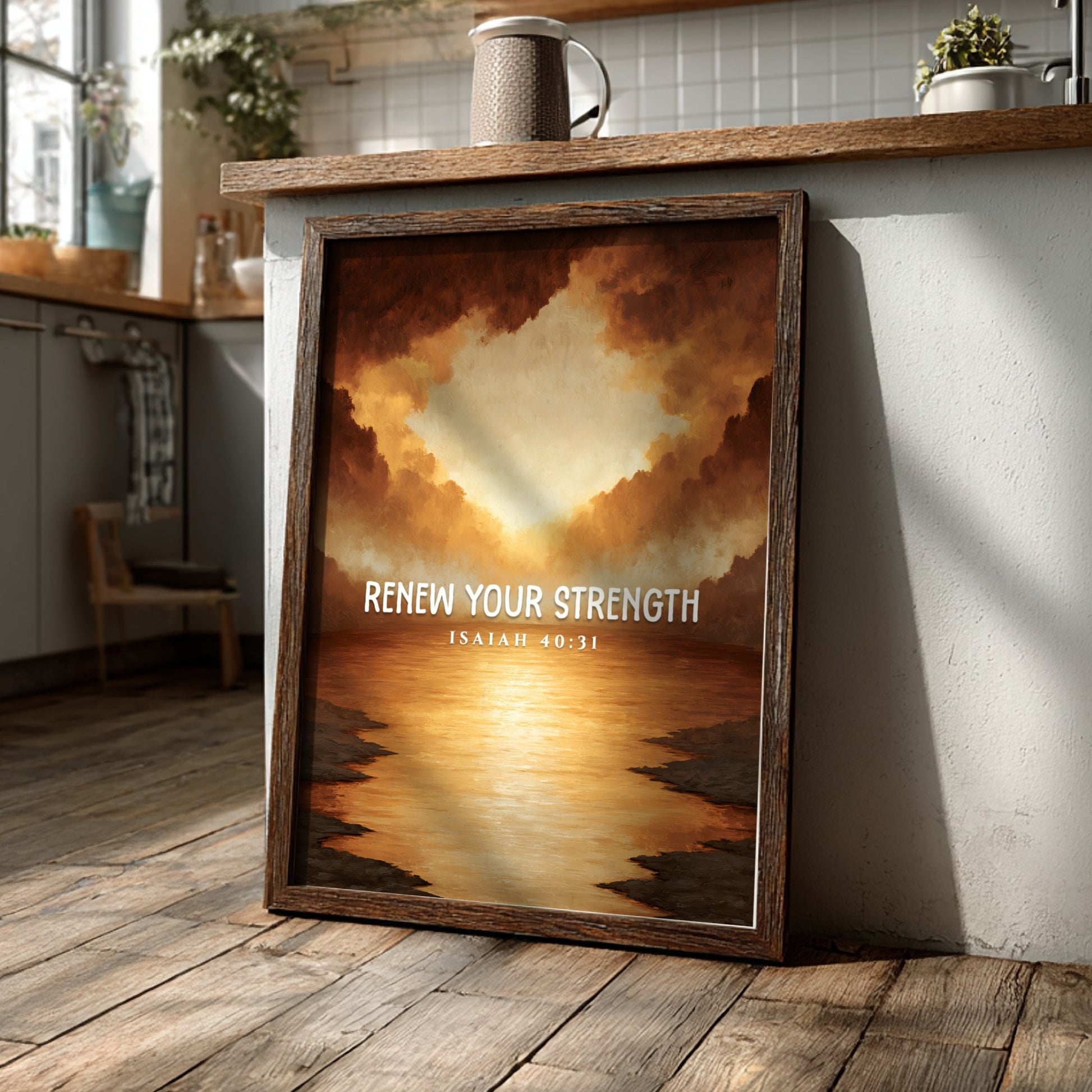 Renew Your Strength poster featuring a sunset with warm colors and inspirational text, perfect for wall decor.