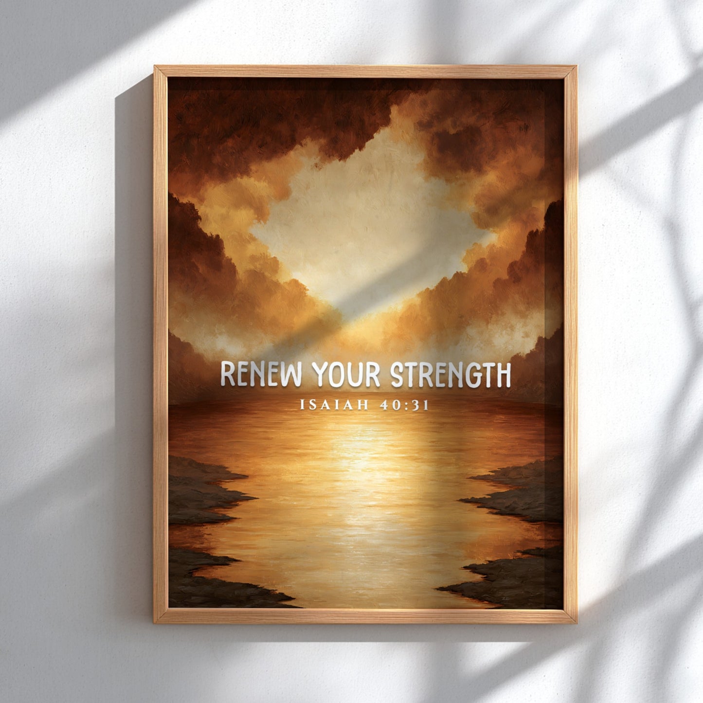 Renew Your Strength poster featuring a sunset with warm colors and inspirational text, perfect for wall decor.